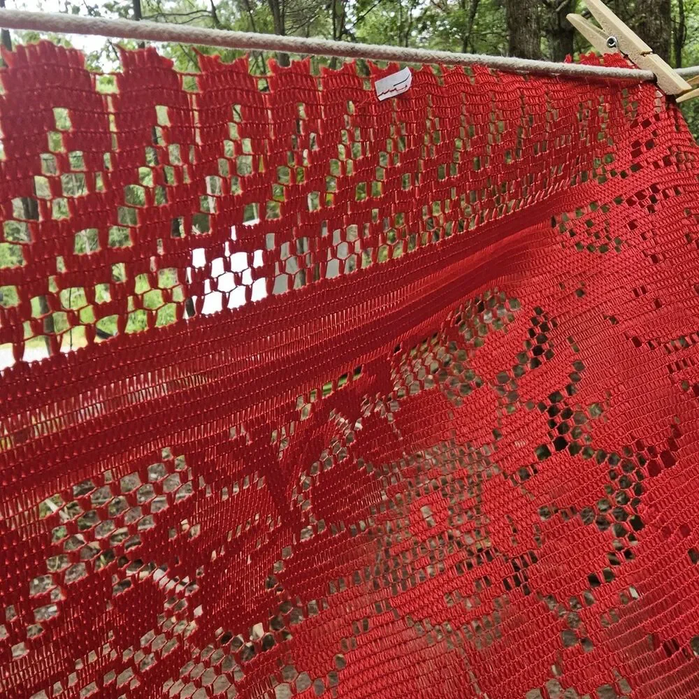 Cherry Red Floral Lace Table Runner with Tassel Fringe 48x13 Cottage Holiday